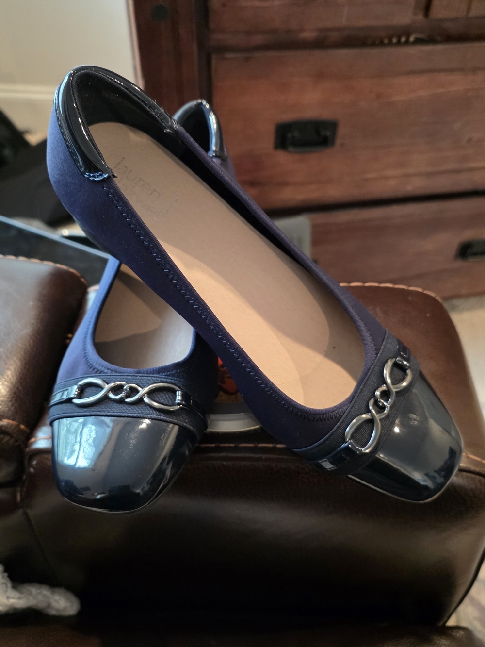 Women's Navy Chain-Trim Ballet Flats